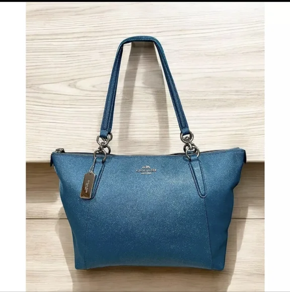 *SOLD* Coach Ava Teal Metallic Glitter Leather Bag Tote Peacock Aqua - Picture 12 of 12